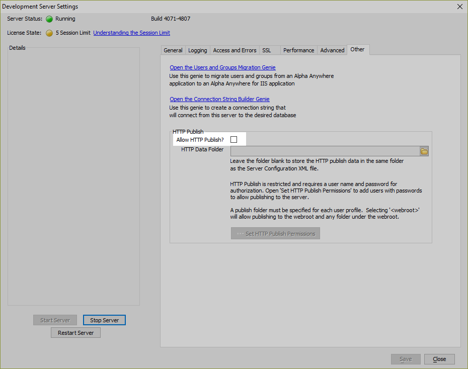Enable HTTP Publish by checking the "Allow HTTP Publish?" checkbox.